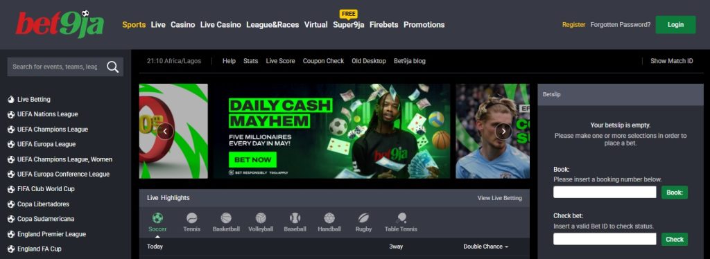 Bet9ja home page showing the book bet tool by the side